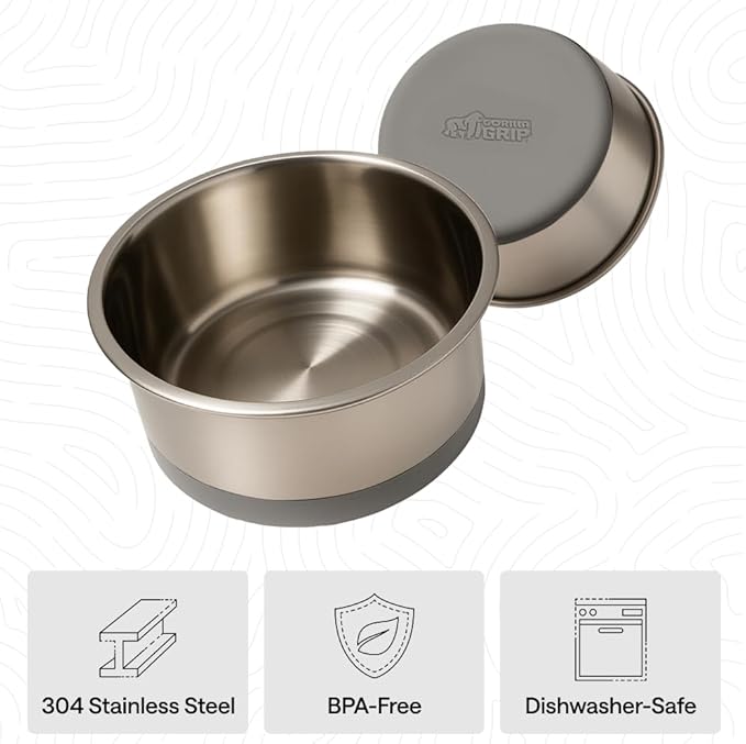 GORILLA GRIP Dog Bowls, Food Grade 304 Stainless Steel, Holds 8 Cups Each (64 fl oz) Food and Water Bowl for Feeding Dogs and Cats, Dishwasher Safe, Rust Resistant, BPA Free Rubber Base Set of 2 Gray