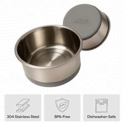GORILLA GRIP Dog Bowls, Food Grade 304 Stainless Steel, Holds 8 Cups Each (64 fl oz) Food and Water Bowl for Feeding Dogs and Cats, Dishwasher Safe, Rust Resistant, BPA Free Rubber Base Set of 2 Gray