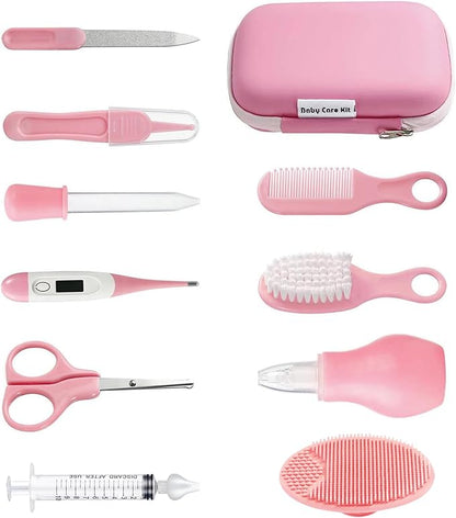 PandaEar Baby Healthcare and Grooming Kit, Baby Safety Set Baby Comb, Brush, Finger Toothbrush, Nail Clippers, Scissors, Nasal Aspirator, Baby Essentials Nursery Care Kit (13-in-1 Pink)