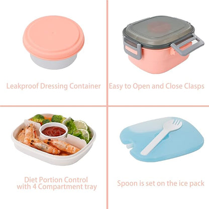 Freshmage Salad Container for Lunch with Ice Pack, Leakproof BPA-Free 52-oz Lunch Container with 4 Compartments, Salad for Men, Women (Pink+Ice Pack)
