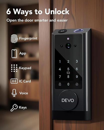 Devo G1 Video Smart Lock with Camera & Doorbell, 6-in-1 Fingerprint Keyless Entry Door Lock for Front Door, App Remote, Auto Locks, Wi-Fi Smart Deadbolt, Easy Install, Waterproof Black(Handle)