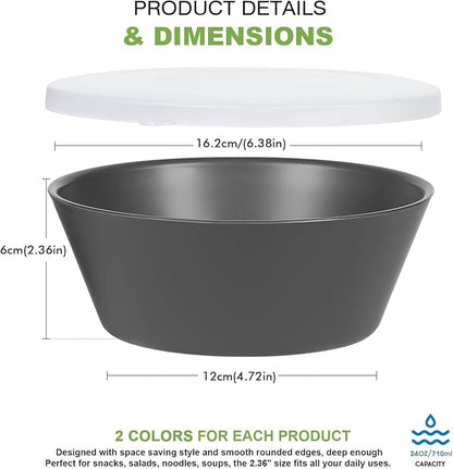 shopwithgreen Plastic Cereal Bowls with Dust-Proof Lid, Resuable Bowls for Kitchen, Set of 6, Microwave and Dishwasher Safe, for Soup, Oatmeal, Ramen, RV, Camping, Kids, College Dorm Room, 26 OZ