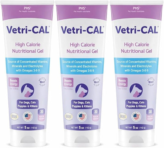 High Calorie Nutritional Gel for Dogs & Cats – Appetite Booster with Omega 3-6-9, Vitamins A-D-E-B – Recovery & Energy Support – Tasty Malt Flavor – 5 oz Tube (3-Pack)
