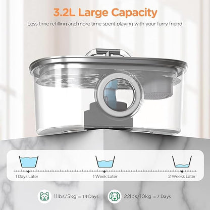 Cat Water Fountain Stainless Steel: 108oz/3.2L Cat Fountain for Drinking with Filter - Pet Water Fountains for Cats Inside - Automatic Cat Feeding & Watering Supplies - Water Level Window