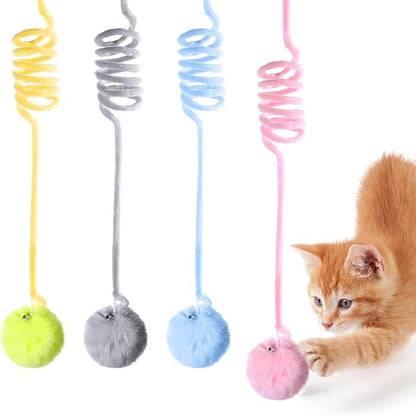 InnoHHustle 4PCS Cat Spring Toys, Hanging Fluffy Cat Ball Toys with Bell Stretchable Interactive Cats Teaser Soft Plush Interactive Cat Toy for Indoor Cats Kitten Play Chase Exercise