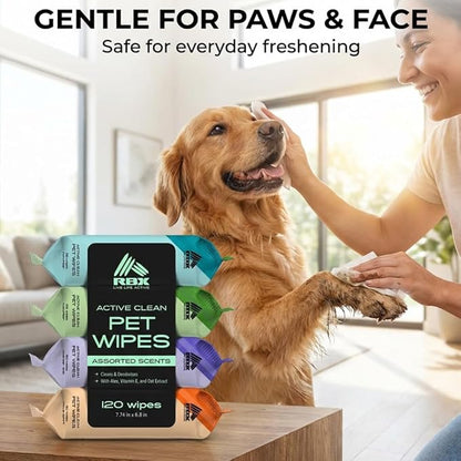 RBX Active Clean Dog Wipes for Paws and Butt (120 Count) – Pet Wipes Cleaning & Deodorizing with Aloe, Vitamin E & Oat Extract – Hypoallergenic Puppy Wipes, 4 Scents