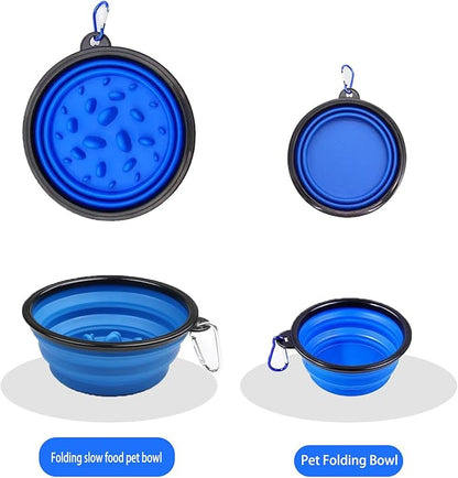 Pet Blue Collapsible Bowl Double Set - Slow Feeder Anti-Choke Bowl + Outdoor Portable,Foldable Dog Drinking,Slow Speed,Food&Dog pet Folding,Convenient,Foldable （Blue）