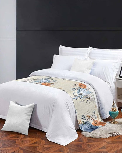 Orange Blue Pumpkins Bed Runner for King Size Bed, Fall Decorative Bed Scarf Throws for Foot of Bed, Thanksgiving Elegant Leaves Luxury Bedding Protector Slipcover Bed Runners for Home, 94 x 20 Inch