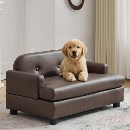 Luxury Dog Sofa Bed Elevated Pet Couch with Durable Waterproof Leather & Orthopedic Sponge - Modern Furniture Style Dog Lounge & Pet Bedside Step for Small/Medium Dogs/Cats, Brown