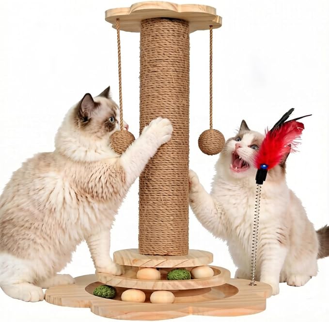Scratching Post - 4 in 1 Cat Scratch Post, Interactive Cute Small Wooden Cat Scratcher with 2 Level Catnip Toys Balls & 2 Sisal Hanging Balls for Indoor Kitten Kitty