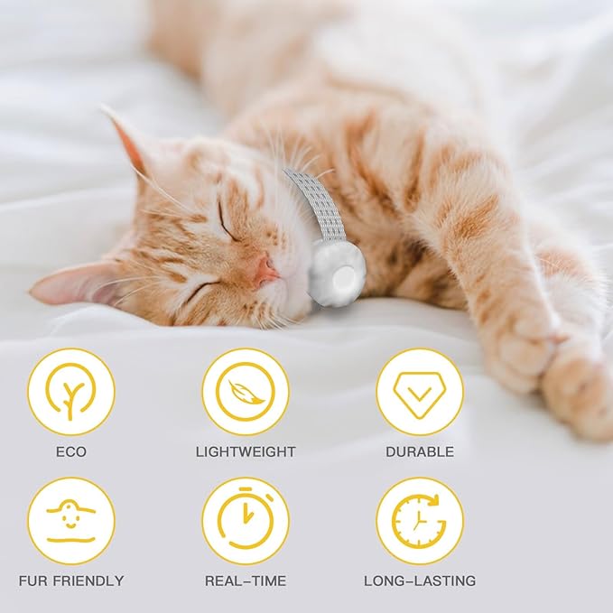 Cat Tracker Collar No Monthly Fee(iOS Only),Waterproof Pet Tracker for Cats with Safety Elastic Buckle,Compatible with Apple Find My App not for Android,White
