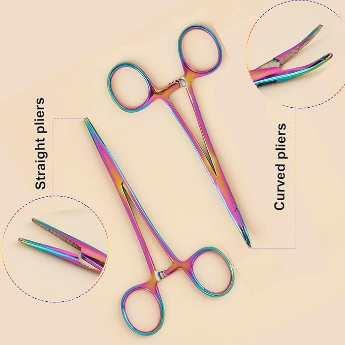 Pets ears/nose hair Puller Straight & Curved full serrated, stainless steel Home Hemostat Locking Forceps, Professional pet grooming tool for cats & dogs 2pcs set （Gradient color）