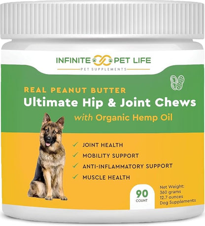 Infinite Pet Life Ultimate Hip & Joint Chews for Dogs – Peanut Butter Flavor – Glucosamine, Chondroitin, MSM & Turmeric – Advanced Joint Support for Dogs 90 Soft Chews