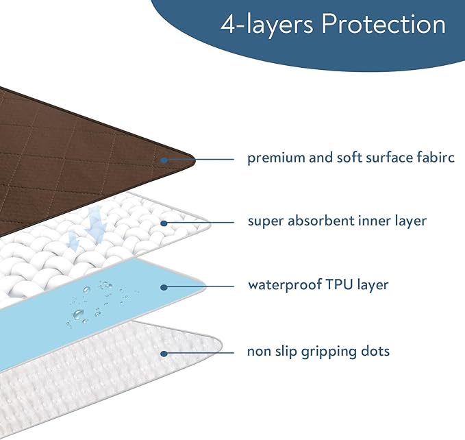Waterproof Chair Pads for Incontinence, 4 Pack Reusable Seat Protector Pads 18" x 16", Absorbent Wheelchair Pad Covers, Washable Chair Pads for Adults, Kids & Pets - Brown