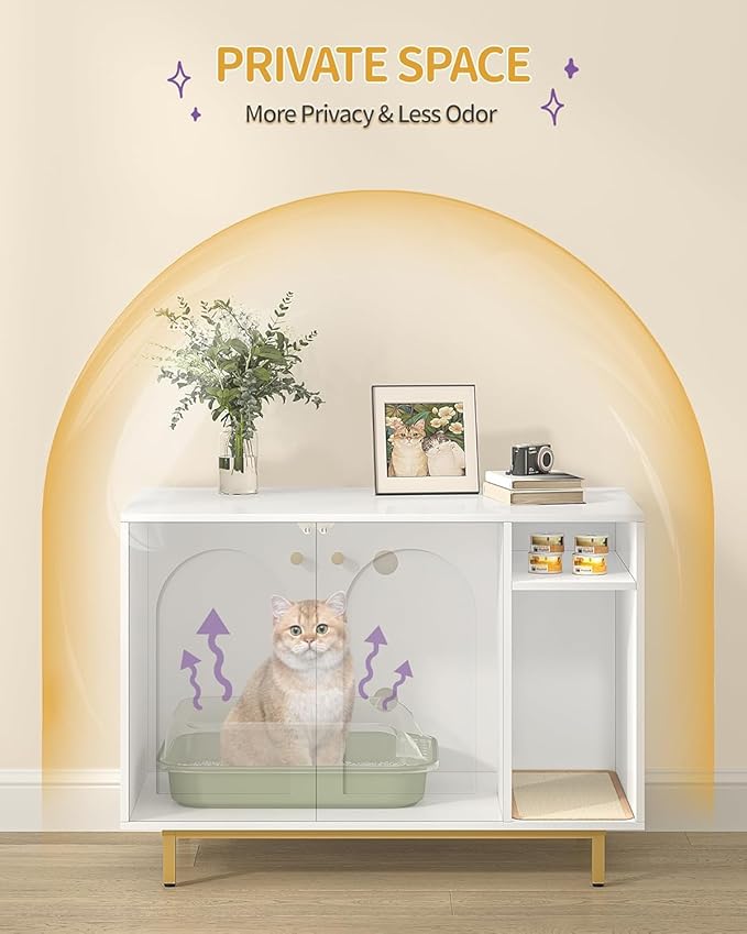 Hzuaneri Cat Litter Box Enclosure Enclosed, Hidden Litter Box Cabinet Furniture with Storage, Wooden Indoor Cat House Large, Modern End Table for Living Room Entryway, White and Gold CB84903A