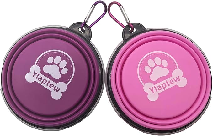 Small Collapsible Dog Bowl 12oz,2 Pack Portable and Foldable Pet Travel Bowls with 2 Carabiners & Lids for Dogs Cats and Small Animals (Purple+Pink, 350ml)