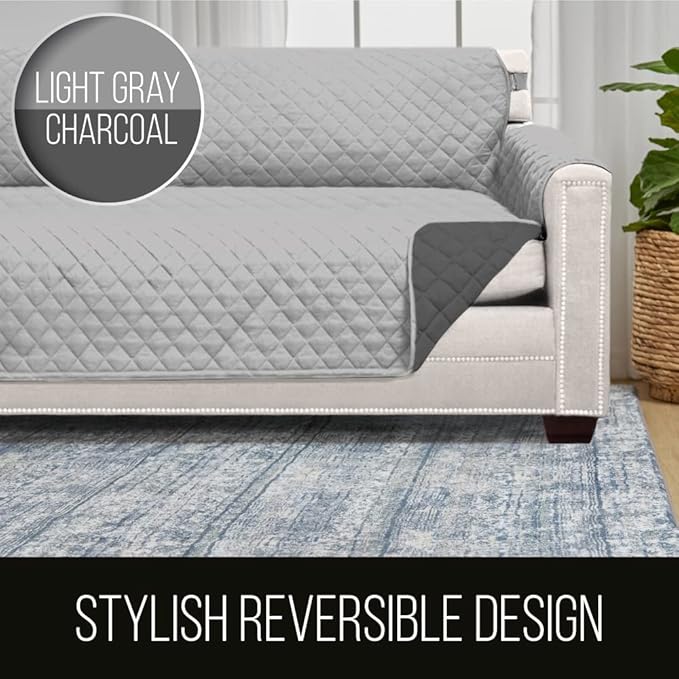 Sofa Shield Couch Loveseat Covers for Dogs, Reversible Furniture Protector with Strap, Stain and Tear Resistant Cushion Cover, 54 inch Seat, Machine Washable Slipcover Pets, Cats, Light Gray Charcoal