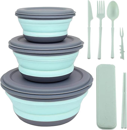 Collapsible Bowl, 3 Pcs Food Grade Silicone Camping Bowl, Expandable Salad Bowl Lunch Box with Lid & Tableware for Travel and Picnic (Blue)