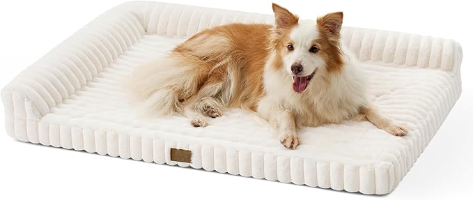 COZY KISS Large Dog Bed, Faux Rabbit Fur Orthopedic Foam Dog Bed with Sides, Removable Washable Cover & Waterproof Lining, Comfortable Pet Couch for Large Dogs, Cream (44" L x 32" W x 7" Th)