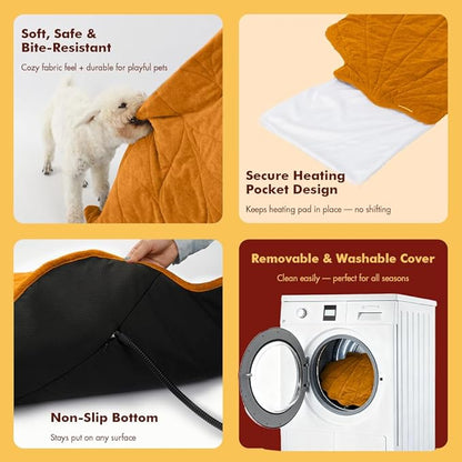 Vagascape Extra Large Dog Heating Pad Waterproof Electric Heated Cat Beds for Indoor Outdoor, Adjustable Temperature, Washable Yellow Leaf Shaped Cat Heating Pad Non Slip Bottom(47"X36")