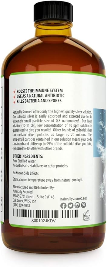 Kaiame Naturals Colloidal Silver, Ionic Silver Solution, 10 PPM, Large 32 oz Glass Bottle, Natural Immune Support Supplement, Safe for Adults, Children, and Pets
