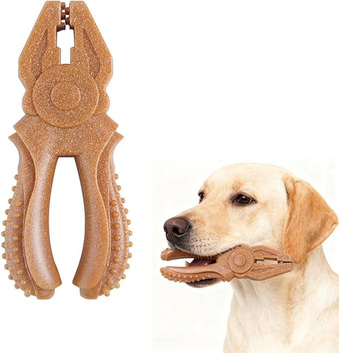 Dog Chew Toys for Aggressive Chewers, Medium & Large Dogs, Made of Real Pine Wood and Durable Food-Grade Nylon, with Tool Shape Design for Dental Cleaning and Long-Lasting Chewing (Brown-Pliers)