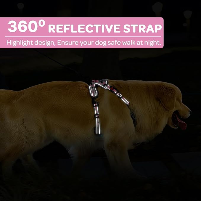 FURRYFECTION Plaid Dog Harness for Large Dogs, Reflective No Pull Adjustable Pet Vest with Front Clip, Leash, Easy Control Handle and Seat Belt, Pink&Black, XL