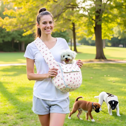 Flower Pet Sling Carrier for Small Dogs and Cats, Breathable Cotton Cats Carrier Purse，Floral Print Puppy Bag 5-10 Lbs, Hand Free Travel Chest Cat Sling, Gifts for Pet Mom Girls（White, Small
