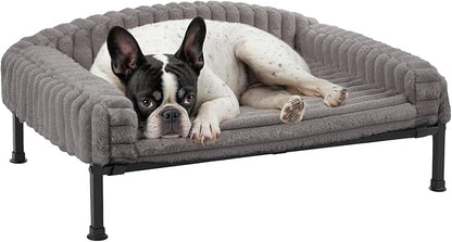 Veehoo Elevated Dog Bed with Bolster Cushion, Fluffy Plush Dog Couch Beds for Small Dogs, Cats, Washable Raised Pet Cot with Non-Slip Feet for Indoor or Patios Use, 24 x 18 Inches, Grey