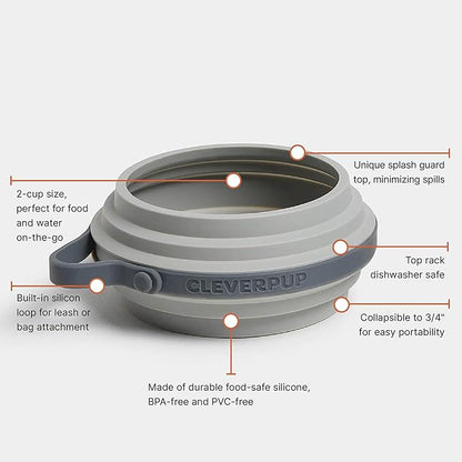 Cleverpup Nomad Small Collapsible Travel Dog Bowl - 2 Cup BPA-Free Silicone for Small & Medium Dogs, Portable & Sturdy, Food & Water, Dishwasher Safe - Grey