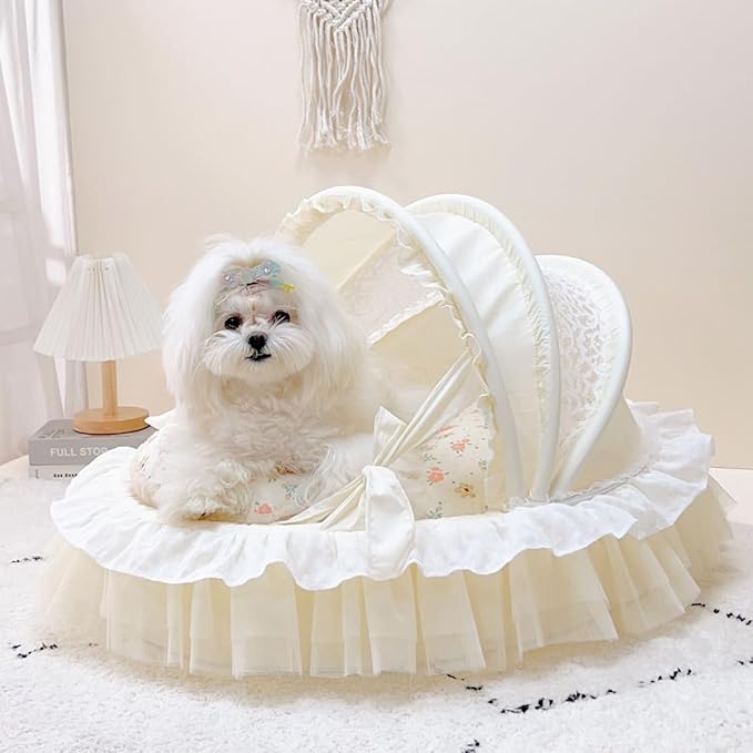 Elegant Pet Bed with Ruffles, Cradle Bed for Small Dogs Puppy Kitten Luxury Bed Sofa (L 25.6''Lx21.7''Wx17.3''Th, Cotton Begonia)