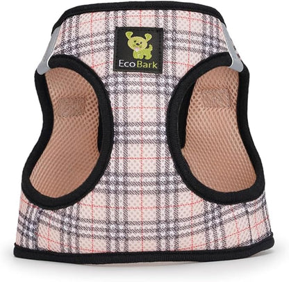 EcoBark Step in Dog Harness - Eco-Friendly Small Breed Dog Harnesses for Small and Medium Breed Dogs - Reflective and Adjustable Body Halter Vest - Soft Mesh Toy Breed Harness (Beige Plaid, Large)