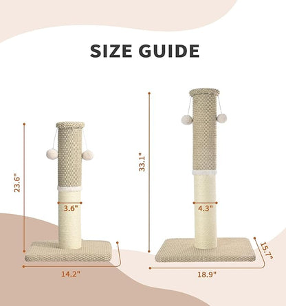 Made4Pets Tall Cat Scratching Post, Heavy Duty and Thicker Scratching Posts for Indoor Cats Adults, 33" Natural Sisal Cat Scratcher with Hanging Balls, Sturdy Base Cat Scratch Post, Beige