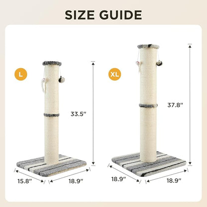 Joydeco Cat Scratching Post 38 Inches Heavy Duty and Thick Scratching Post Sisal Rope with Hanging Ball and Mice for Indoor Cats(Grey)
