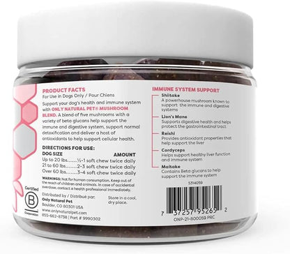 Only Natural Pet Mushroom Blend Immune System Support Supplement for Dogs - Boost Healthy Cellular, Digestive, & Liver Function - Multivitamin Beta-Glucan & Antioxidant - Bacon Flavor 60 Soft Chews