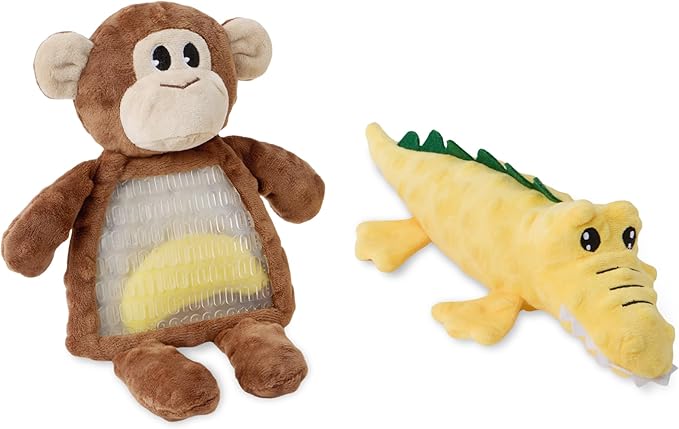 Amazon Basics Dog Squeak Plush Toys, Monkey and Alligator, Interactive, Soft Fabric, Built-in Squeaker, Ideal for Puppies, Small and Medium Dogs, 2-Pack
