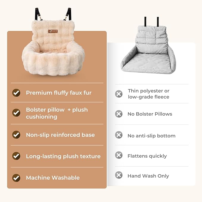 Pelsbarn Luxurious Cozy Car Bed - Small Luxury Travel Dog Bed with Safety Belt - Ultra Soft Faux Fur - Beige