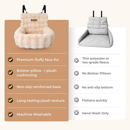 Pelsbarn Luxurious Cozy Car Bed - Small Luxury Travel Dog Bed with Safety Belt - Ultra Soft Faux Fur - Beige