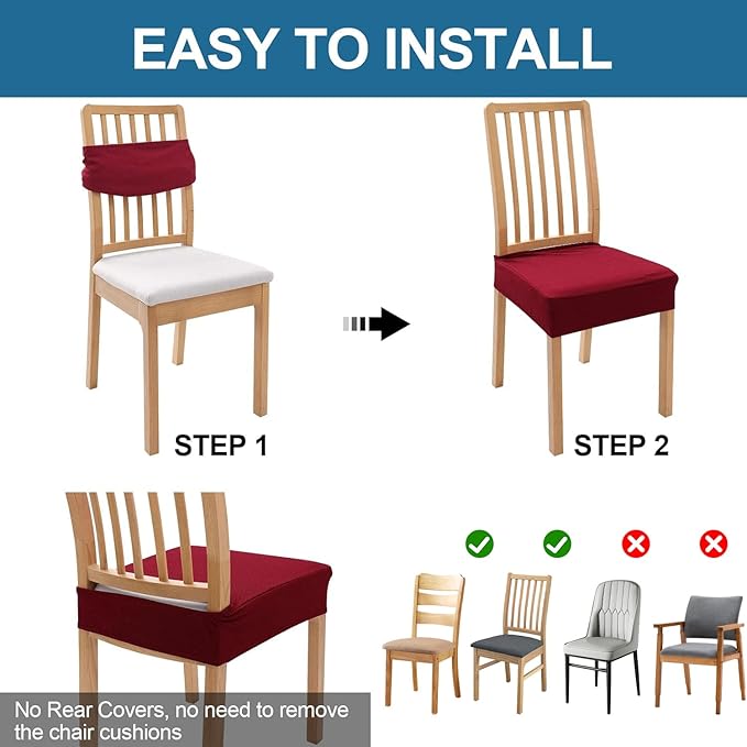 Smiry Waterproof Seat Covers for Dining Room Chairs Set of 6, Stretch Jacquard Removable Washable Chair Seat Slipcovers Protector, No Rear Covers, Wine Red