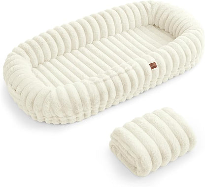 ChiXnuggle Human Dog Bed for Adult - Luxury Striped Faux Fur Giant Dog Bed with Portable Handle, Egg Orthopedic Foam Pad with Thick Blanket, 72"x40"x10", Cream