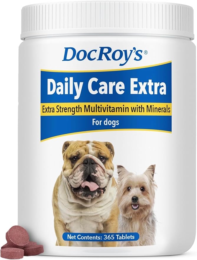 Doc Roy's Daily Care Extra Canine, Advanced Multivitamin Supplement for Dogs, Supports Energy, Immune, Muscle, Bone & Brain Health, Provides Vitamins A C D3 E B Complex, Iron Zinc, 365ct Tablets