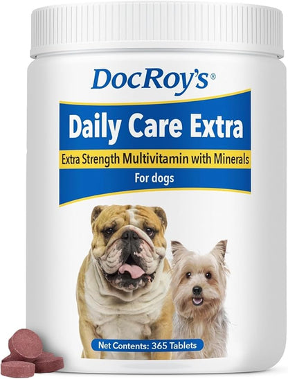 Doc Roy's Daily Care Extra Canine, Advanced Multivitamin Supplement for Dogs, Supports Energy, Immune, Muscle, Bone & Brain Health, Provides Vitamins A C D3 E B Complex, Iron Zinc, 365ct Tablets