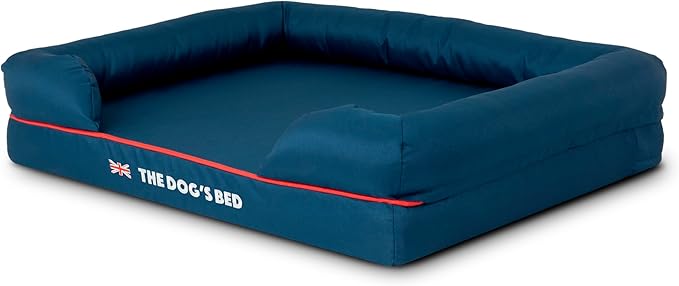 The Dog’s Bed Orthopedic Memory Foam Dog Bed with Bolsters for Medium Dogs, High Density Support Mattress, Low Front Entry, Removable Washable Cover, Oxford Fabric, Blue with Dark Red Trim, Medium
