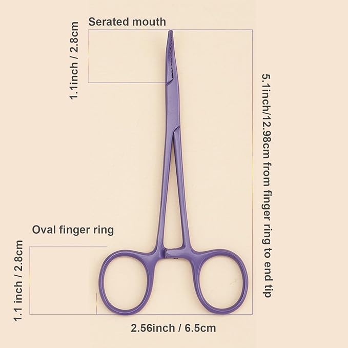 Pets ears/nose hair Puller Straight & Curved full serrated, stainless steel Home Hemostat Locking Forceps, Professional pet grooming tool for cats & dogs 2pcs set （purple）