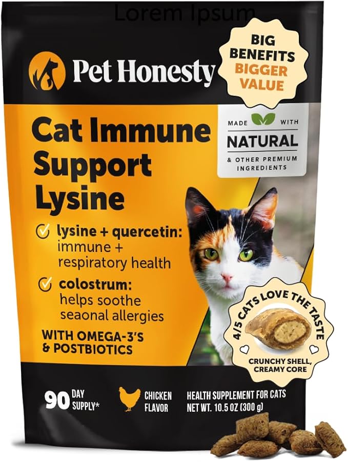 Cat Immune Support Lysine – Allergy Relief & Immune Health Supplement for Cats with L-Lysine, Colostrum, Quercetin & Omega-3 – Soothes Sneezing, Runny Nose & Itchy Skin Chicken, (90-Day Supply)