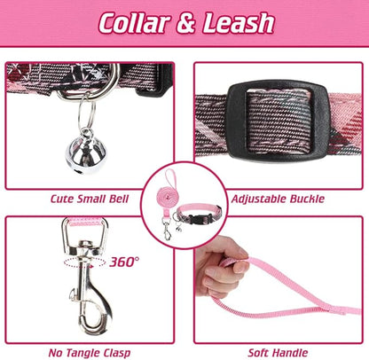 EXPAWLORER Classic Plaid Puppy Harness - Large Dog Collar and Leash - Soft Mesh Padded Adjustable Dog Vest Harness No Pull, Reflective Escape Proof for Outdoor Walking, Pink Large