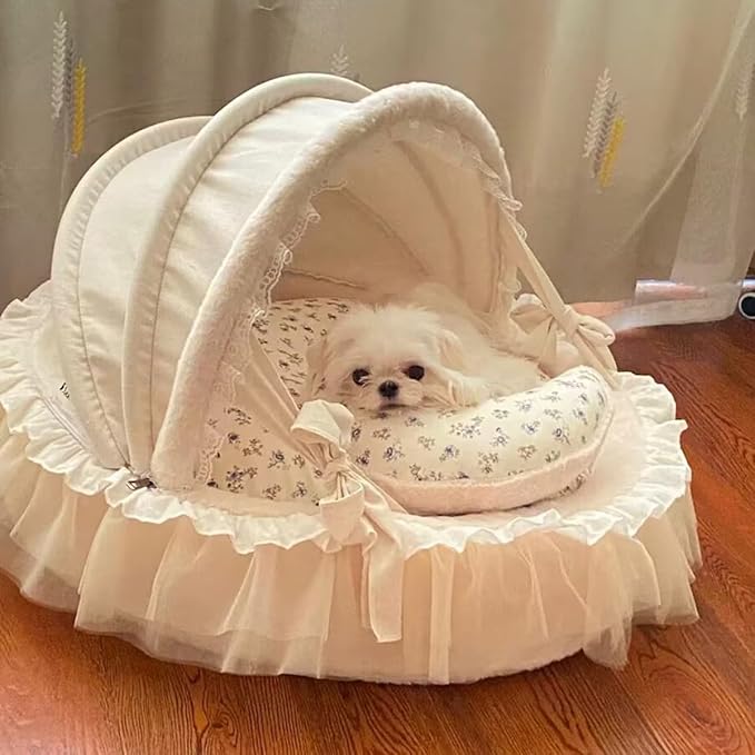 Elegant Pet Bed with Ruffles, Cradle Bed for Small Dogs Puppy Kitten Luxury Bed Sofa (M 21.3''Lx17.7''Wx11.8''Th, Fluffy BlueFlr)