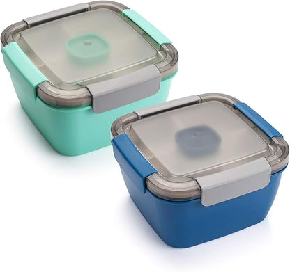 Freshmage Salad Lunch Container To Go, 2 Packs 52-oz Salad Bowls with 3 Compartments, Salad Dressings Container for Salad Toppings, Snacks, Men, Women (Blue+Green)