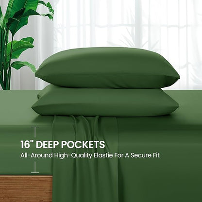 SONORO KATE 100% Viscose Derived from Bamboo_Sheets Full Size, Ultra Breathable & Cooling Bed Sheets for Hot Sleepers, Hotel Luxury Silky Bedding Sheets, 16" Deep Pocket - 4PC (Olive,Full)