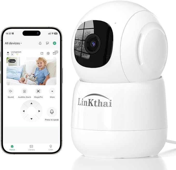 Camera for Home Security,2K Pet Camera with Speaker,Indoor Camera Wireless with Phone App,Auto Tracking/Super Night Vision,Cloud/SD Card Storage,2.4 GHz,White